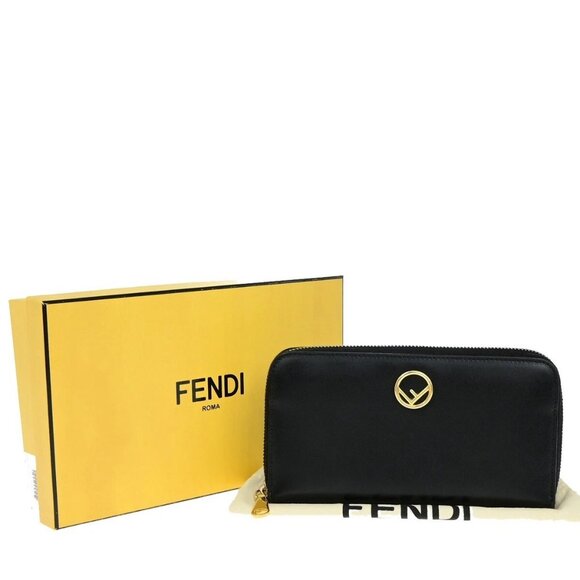 FENDI Logo F is Fendi Zipper Long Around Wallet Leather Black Italy 61EE083 - Picture 1 of 14